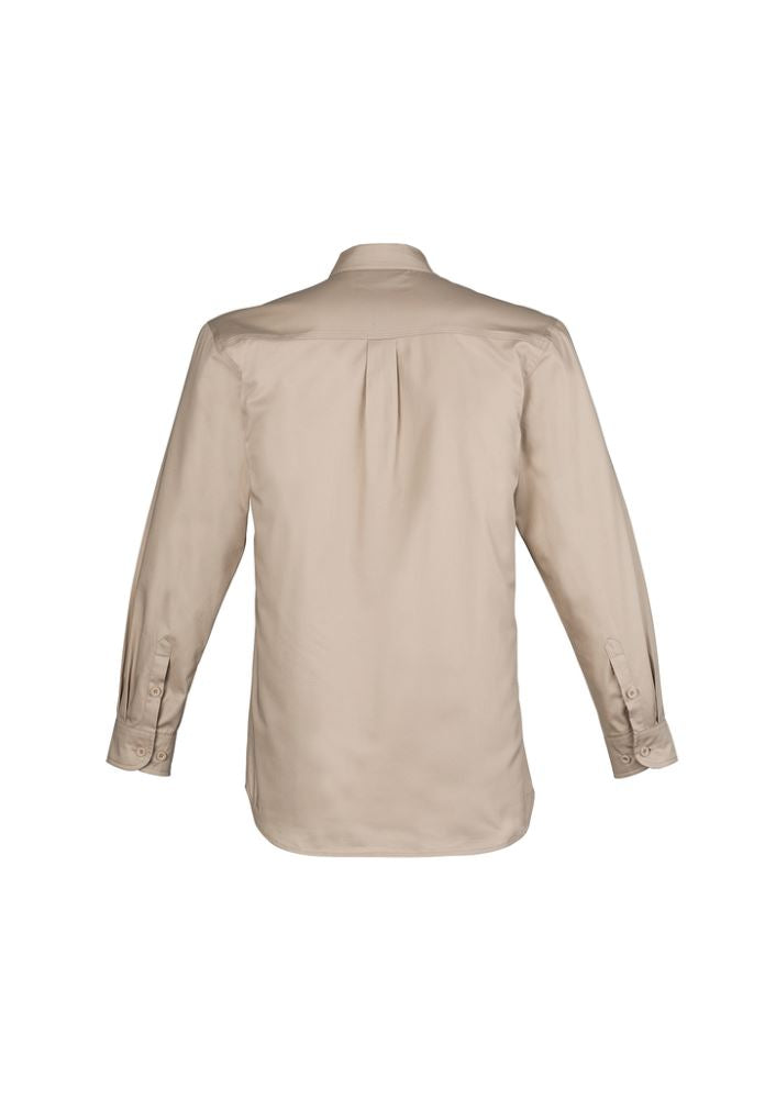 Men's lightweight long sleeve tradie shirt in sand from Syzmik, made of breathable cotton twill with chest pockets and vent eyelets.