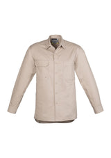 Men's lightweight long sleeve tradie shirt in sand, featuring durable cotton twill, triple stitching, and multiple functional pockets.