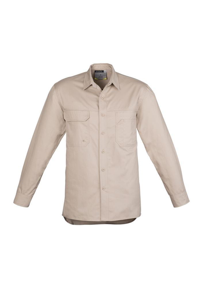 Men's lightweight long sleeve tradie shirt in sand, made of 100% cotton twill with three chest pockets and underarm vents.