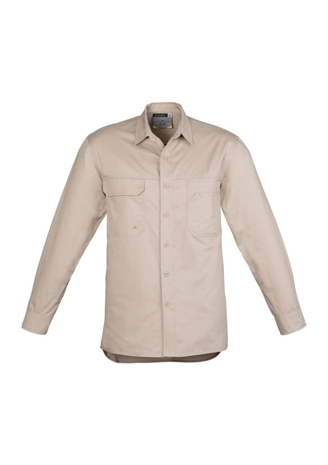 Men's lightweight long sleeve tradie shirt in sand, made of 100% cotton twill with three chest pockets and underarm vents.