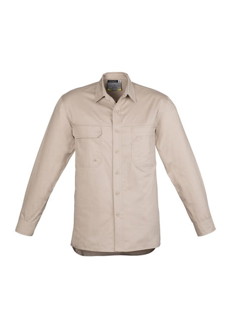 Mens Lightweight Tradie Shirt in Sand L by Syzmik, crafted from 100% cotton twill for cool comfort, with durable features and pockets.