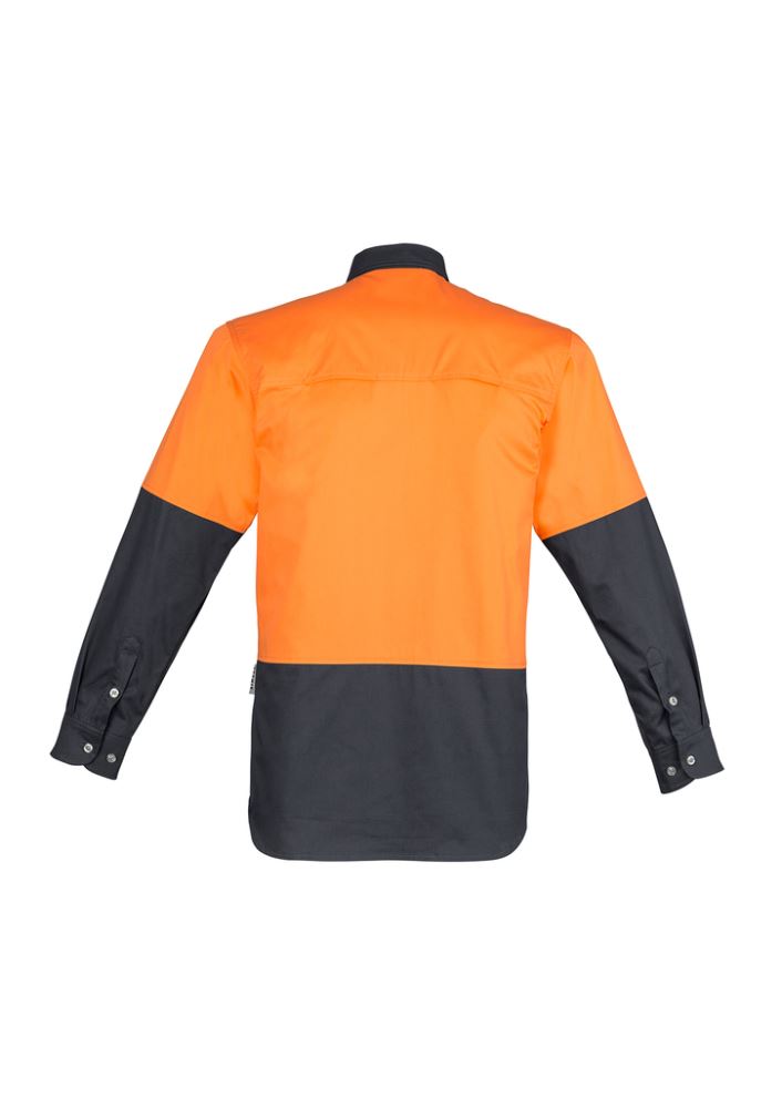 Men's Hi-Vis Spliced Industrial Shirt in orange and charcoal, featuring breathable mesh vents and durable cotton twill fabric.