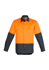 Men's Hi-Vis Spliced Industrial Shirt in orange and charcoal, 100% cotton, durable with mesh vents and triple-stitched seams.