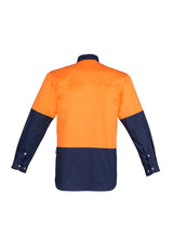 Men's Hi-Vis Spliced Industrial Shirt in orange and navy, featuring breathable cotton twill, mesh vents, and triple stitched seams.