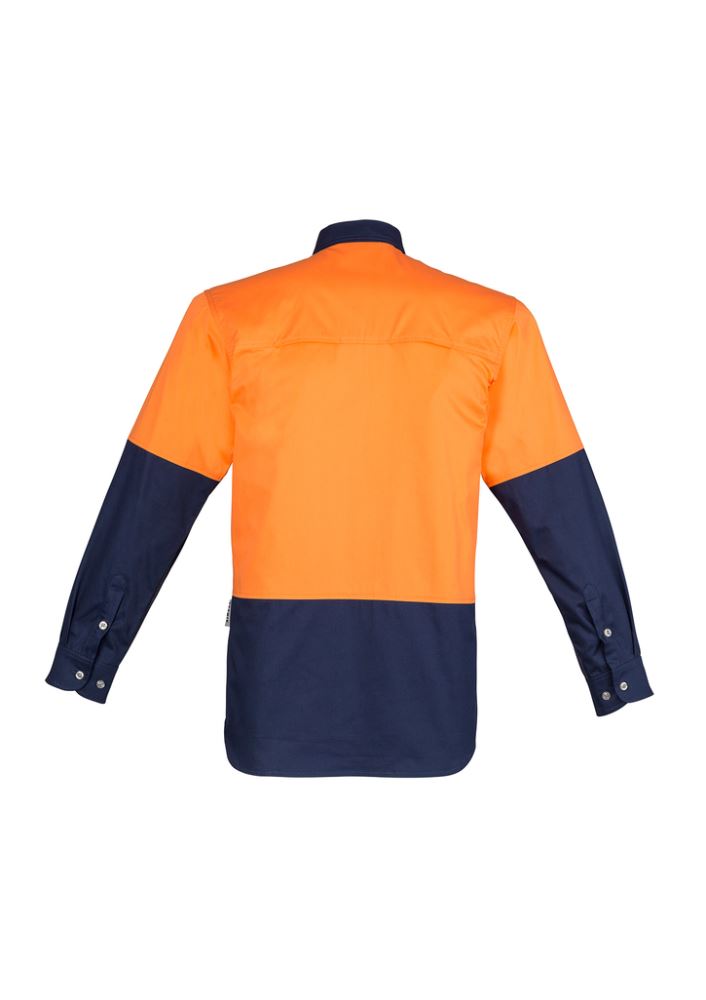 Syzmik Men's Hi-Vis Spliced Industrial Shirt in orange and navy, featuring breathable mesh vents, durable cotton, and triple-stitching.