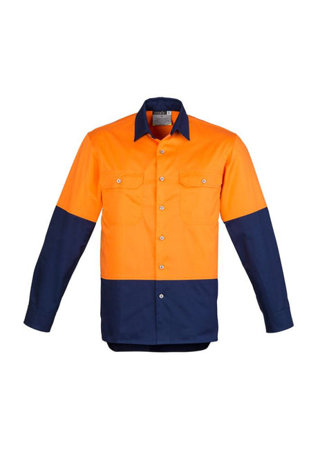 Men's Hi-Vis Spliced Industrial Shirt in orange and navy, featuring breathable cotton, vent inserts, and durable triple-stitched seams.