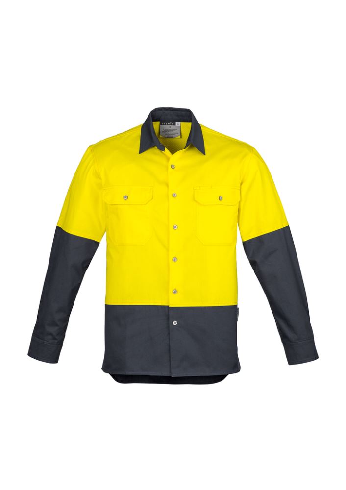 High-visibility yellow and charcoal men's industrial shirt with breathable vents, durable seams, and practical pockets.