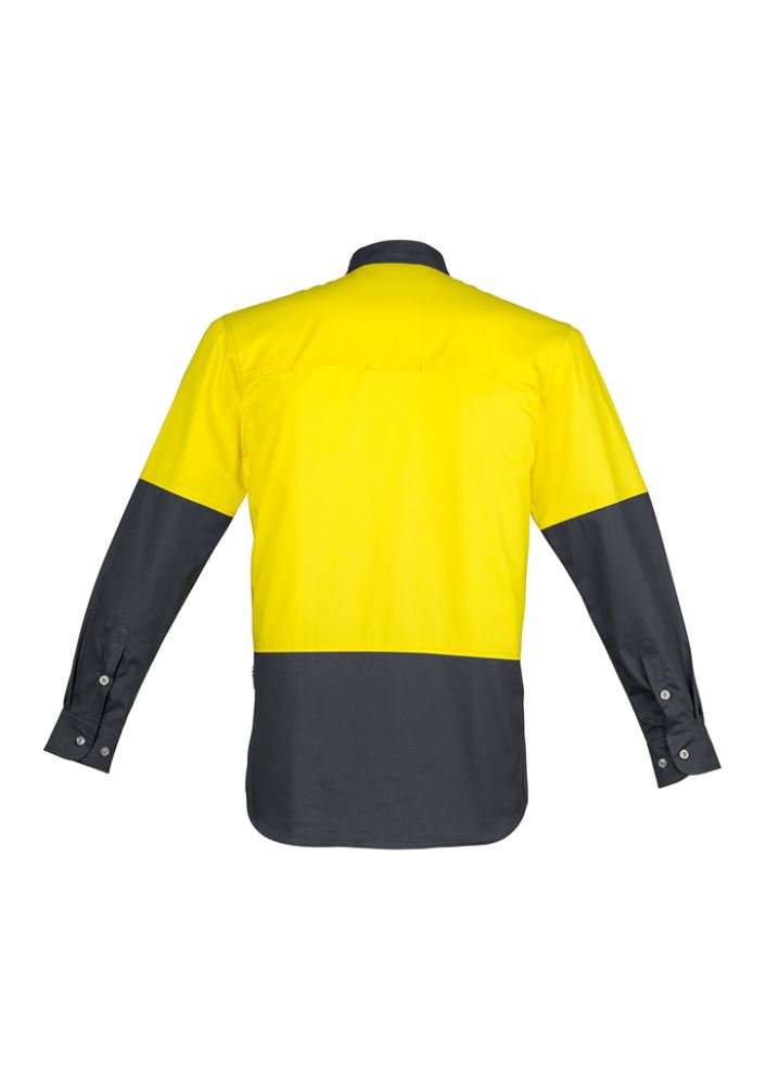 Men's Hi-Vis Spliced Industrial Shirt in yellow/charcoal, 2XL, featuring durable cotton, mesh vents, and triple-stitched seams.