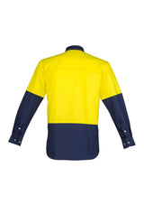 Bright yellow and navy men's hi-vis industrial shirt, 100% cotton, features mesh vents, durable stitching, and chest pockets.