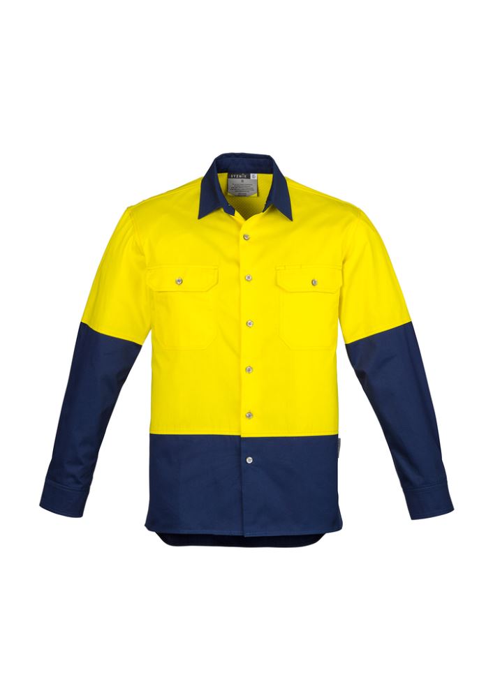 Men's Hi-Vis Spliced Industrial Shirt in Yellow and Navy, made of durable cotton with mesh vents for breathability and pockets for storage.