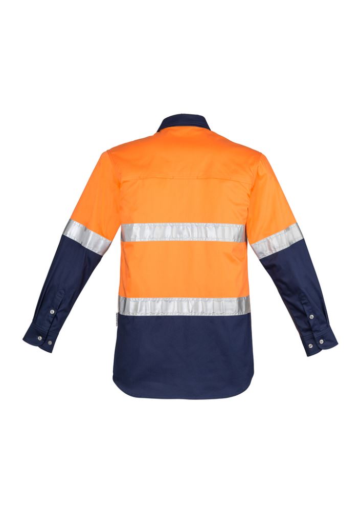 Hi-Vis spliced orange and navy industrial shirt, 100% cotton, mesh vents, reflective tape, dual chest pockets, 4XL size.