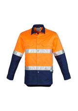 High-visibility orange and navy industrial shirt with reflective tape, breathable mesh vents, and practical chest pockets.