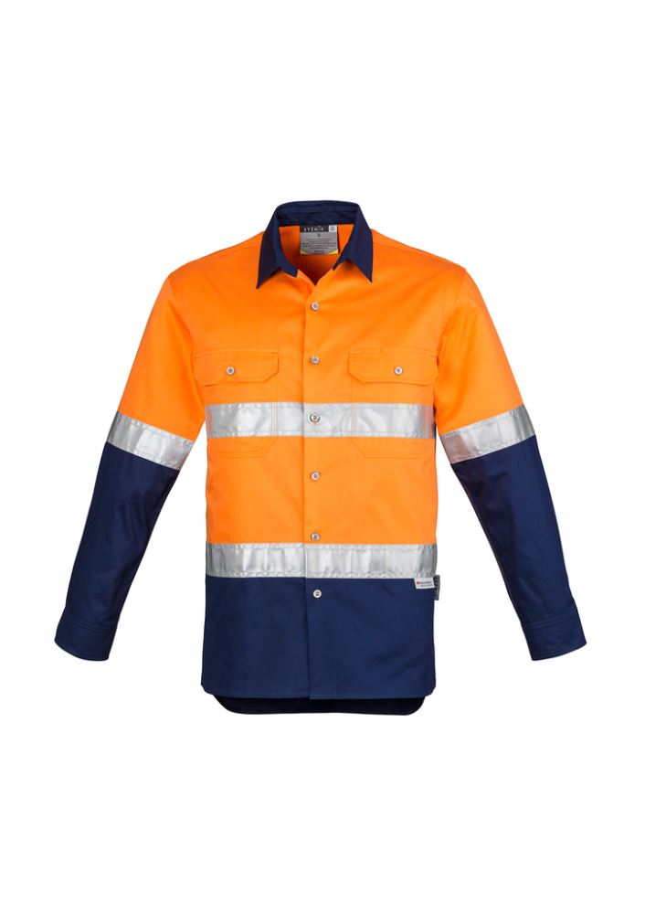 Hi-vis orange and navy industrial shirt with mesh ventilation, reflective tape, and durable cotton twill for maximum comfort.