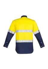 Men's Hi-Vis Spliced Industrial Shirt in Yellow/Navy, 100% cotton, breathable, with reflective tape and chest pockets for safety.