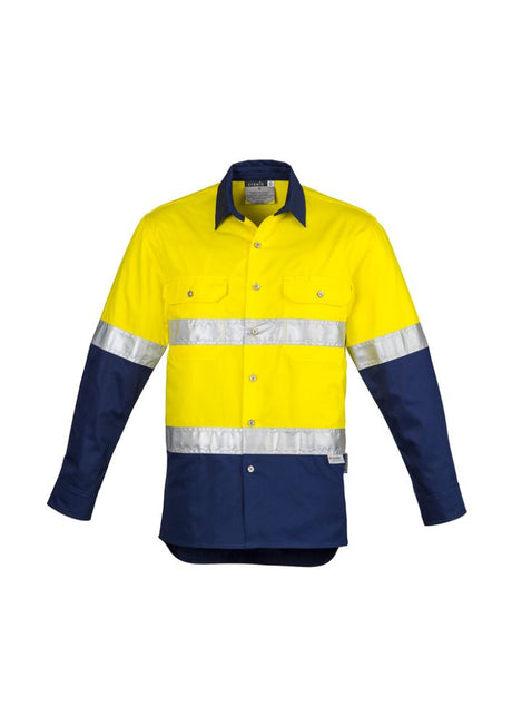 High-visibility yellow and navy industrial shirt with mesh vents, reflective tape, and practical pockets for worker safety.