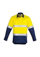 Men's Hi-Vis Spliced Industrial Shirt in Yellow/Navy with reflective tape, mesh inserts, and durable cotton fabric.
