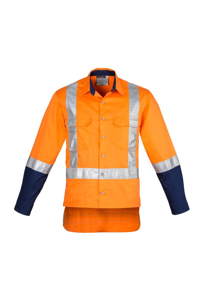 Men's orange TTMC-W drill work shirt by Syzmik, featuring cotton twill, mesh vents, reflective tape, and triple-stitched seams.