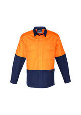 High-visibility orange and navy work shirt with breathable mesh, stretchy fabric, and chest pockets for utility and comfort.