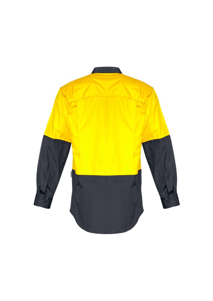 Mens Rugged Cooling Hi-Vis Spliced Shirt in Yellow/Charcoal, featuring breathable mesh venting and durable cotton ripstop fabric.