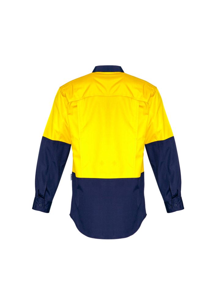 Men's Rugged Cooling Hi-Vis Spliced Shirt in Yellow and Navy, featuring breathable mesh vents and mechanical stretch for comfort.