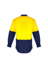 Men's yellow and navy hi-vis spliced shirt, featuring cooling mesh vents, durable cotton ripstop, and two chest pockets.