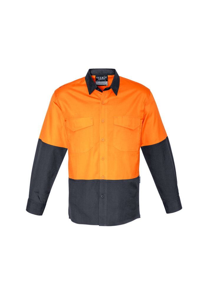 Mens Rugged Cooling Hi-Vis Spliced Shirt in yellow and charcoal, featuring breathable fabric and mechanical stretch for comfort.