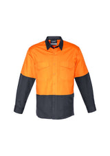 Men's Rugged Cooling Hi-Vis Spliced Shirt in Orange/Charcoal, featuring breathable fabric, mechanical stretch, and two chest pockets.