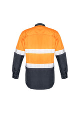Hi-vis orange and charcoal shirt made from durable ripstop cotton, featuring mesh venting, stretch fabric, and reflective tape.