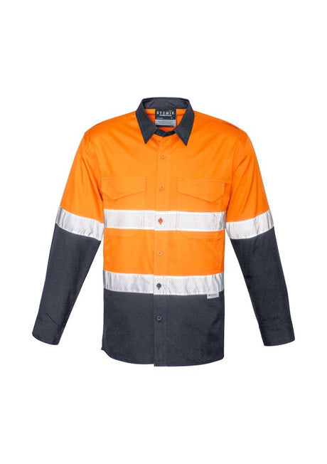 Syzmik Men's Rugged Cooling Hi-Vis Shirt in Orange and Charcoal, featuring breathable fabric, reflective tape, and chest pockets.