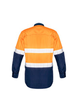 Men's rugged cooling taped hi-vis spliced shirt in orange and navy, featuring breathable fabric, reflective tape, and utility pockets.