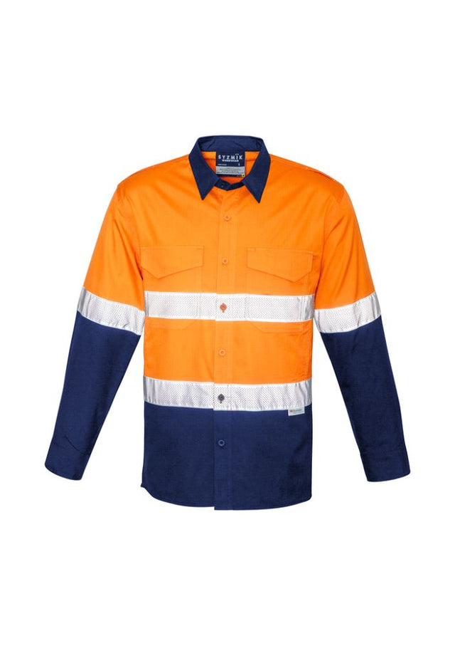 High-visibility orange and navy work shirt with mesh venting, reflective tape, and durable cotton ripstop fabric for comfort and safety.