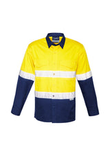 Men's Hi-Vis spliced shirt in yellow and charcoal, featuring breathable fabric, reflective tape, and versatile pockets for workwear.