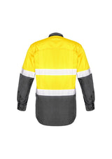 Hi-Vis spliced shirt in yellow and charcoal with mesh venting, reflective tape, and mechanical stretch for comfort.