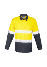 Men's rugged cooling hi-vis spliced shirt in yellow and charcoal, featuring breathable fabric, reflective tape, and chest pockets.