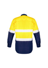 Hi-Vis spliced work shirt in yellow and navy, offering durability, breathability, and safety with reflective tape and mesh venting.