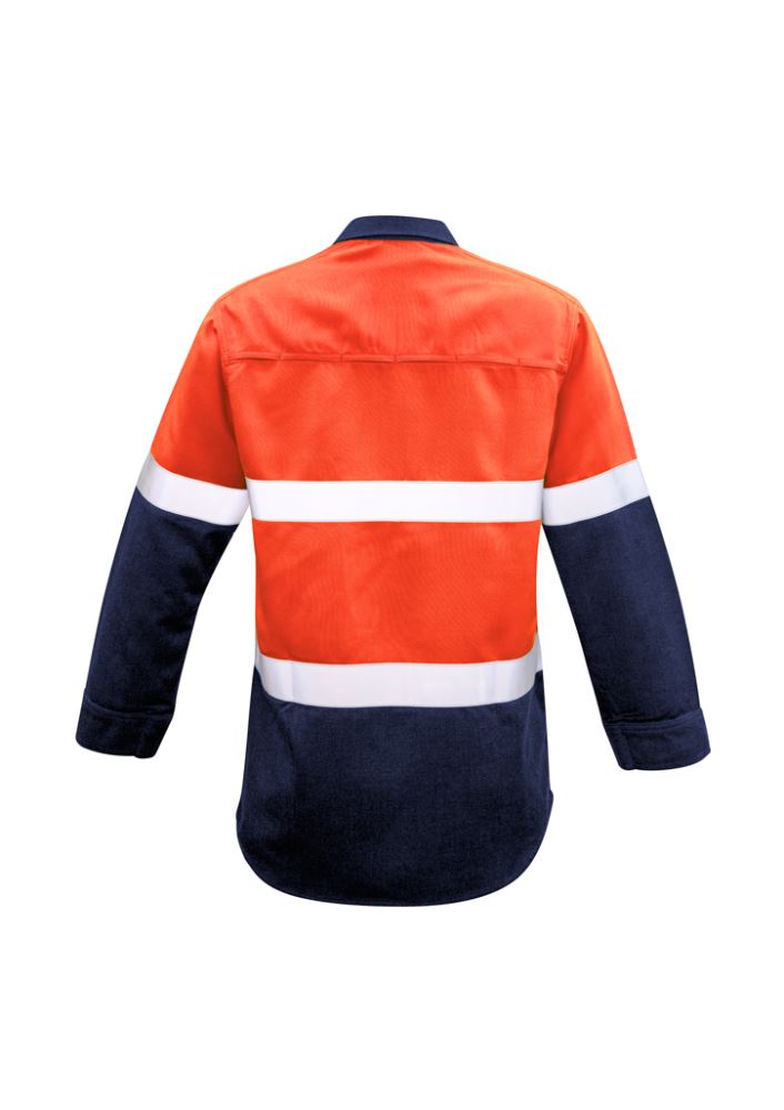 Men's FR Hooped Taped Spliced Shirt in Orange and Navy, featuring breathable fabric, safety pockets, and flame-resistant design.