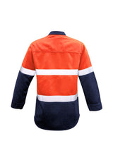 Men's FR Hooped Taped Spliced Shirt in Orange/Navy, featuring fire-resistant fabric, concealed closure, and breathable mesh for comfort.