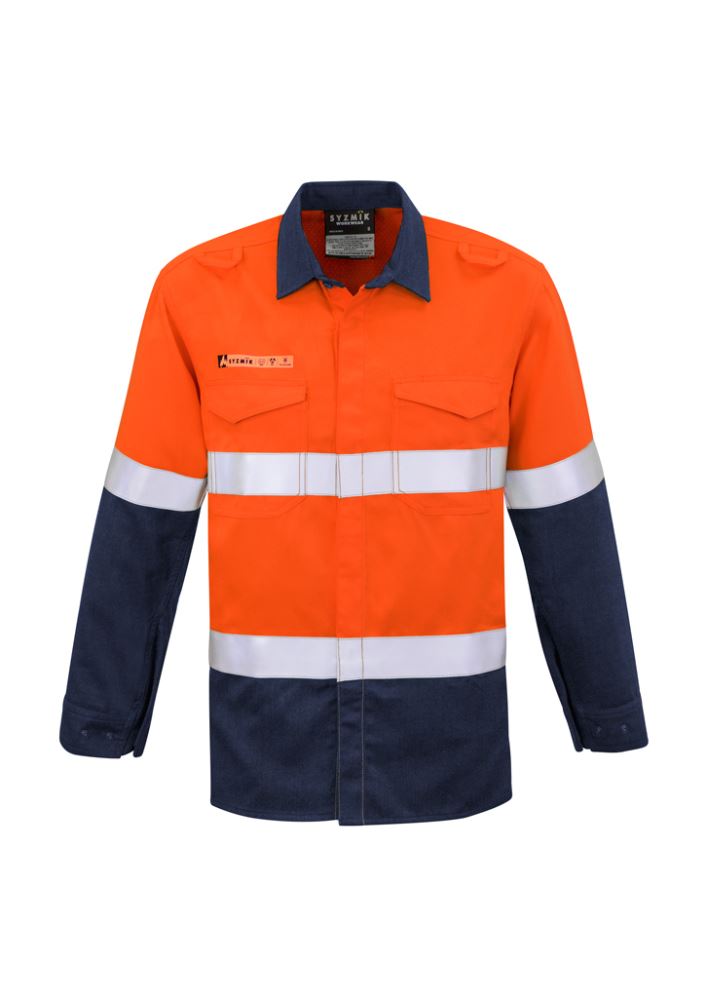 Men's FR Hooped Taped Spliced Shirt in orange and navy, featuring a breathable fabric, safety pockets, and flame-resistant design.