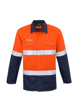 Men's fire-resistant shirt in orange and navy, featuring breathable fabric, gusset sleeves, and pockets for safety and comfort.