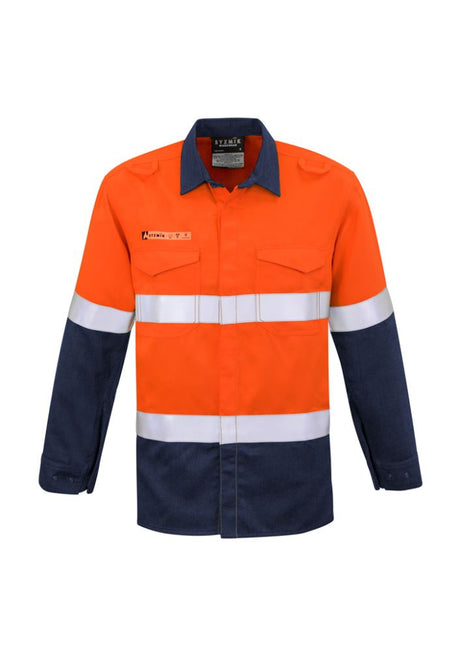 Men's fire-resistant shirt in orange and navy, featuring breathable fabric, gusset sleeves, and pockets for safety and comfort.