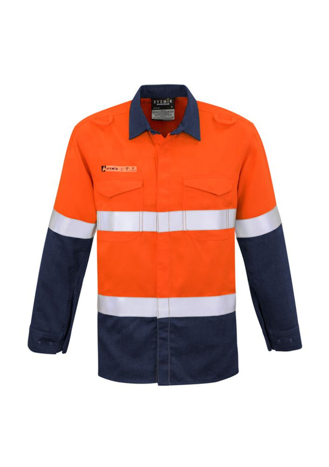 Mens FR hooped spliced shirt in orange and navy, featuring breathable fabric, dual pockets, and safety closures for tradesmen.