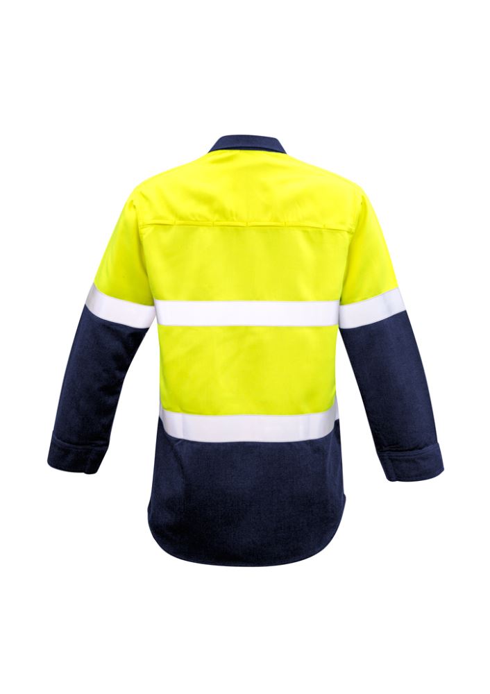 Men's yellow and navy flame-resistant shirt with breathable fabric, gusset sleeves, and chest pockets for safety and comfort.