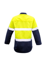 Men's yellow and navy flame-resistant work shirt with moisture-wicking fabric, gusset sleeves, and two chest pockets for tools.