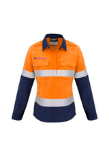 Women's FR Closed Front Shirt in Orange and Navy, featuring protective fabric, concealed closure, and practical pockets.