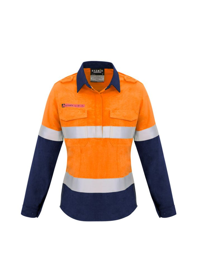 Women's FR Closed Front Shirt in Orange and Navy, featuring protective fabric, concealed closure, and practical pockets.
