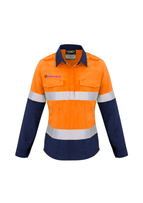Women's fire-retardant shirt in orange and navy with concealed closure, mesh ventilation, and two chest pockets for work safety.