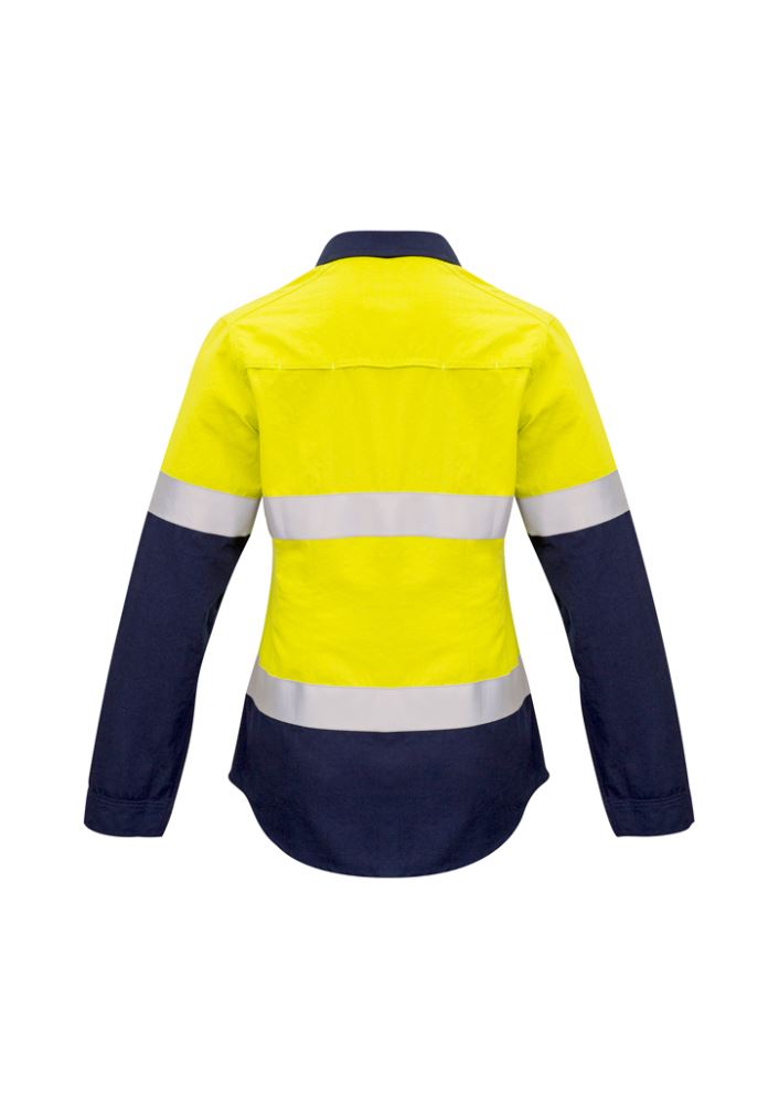 Womens FR closed front shirt in yellow/navy, featuring flame-resistant fabric, concealed closure, and two chest pockets.
