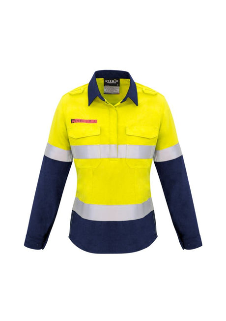 Women's FR Closed Front Shirt in yellow and navy, featuring breathable mesh, concealed closure, and protective gusset sleeves.