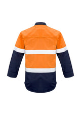 Men's orange and navy FR shirt with concealed press stud closure, moisture-wicking mesh, and gusseted sleeves for safety and mobility.