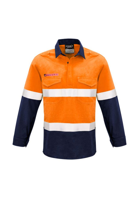 Men's FR Closed Front Hooped Taped Spliced Shirt in orange and navy, featuring FR protection, ventilation, and practical pockets.